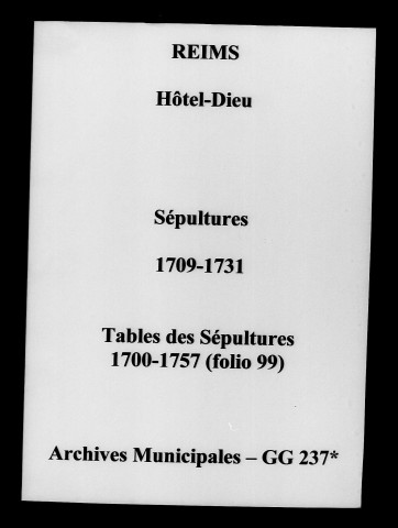 Reims. Hôtel-Dieu. Sépultures, tables des sépultures 1700-1757