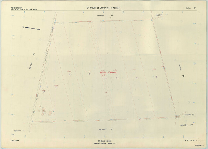 Saint-Ouen-Domprot (51508). Section ZT échelle 1/2000, plan remembré pour 1976, plan régulier (papier armé)