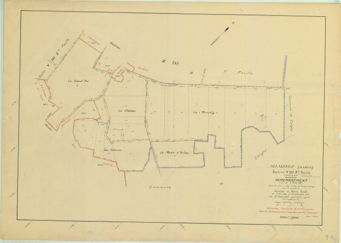 Val-des-Marais (51158). Aulnizeux (51024). Section Y3 échelle 1/2000, plan remembré pour 1954 (anciennes sections B2 et B3 ), plan régulier (papier)