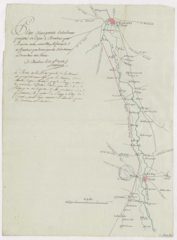 Plan d'une partie de la route projetée de Dijon à Chaalons par Bar sur Aube entre Vitry le François et Chalons par la rive gauche de la Marne en descendant cette rivière, 1784.