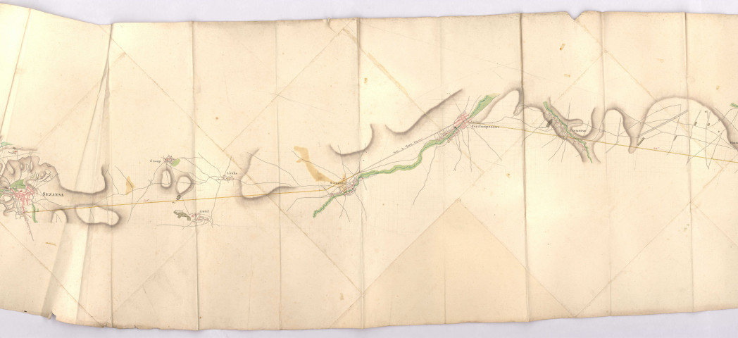 RN 31. Plan d'ensemble de la route entre Courgivaux et Vitry. Carte d'une partie de la route en Allemagne par les trois évêchés de la Lorraine passant par Sézane, Férchampenoise, Sommesous et Vitry-le-François, 1779.