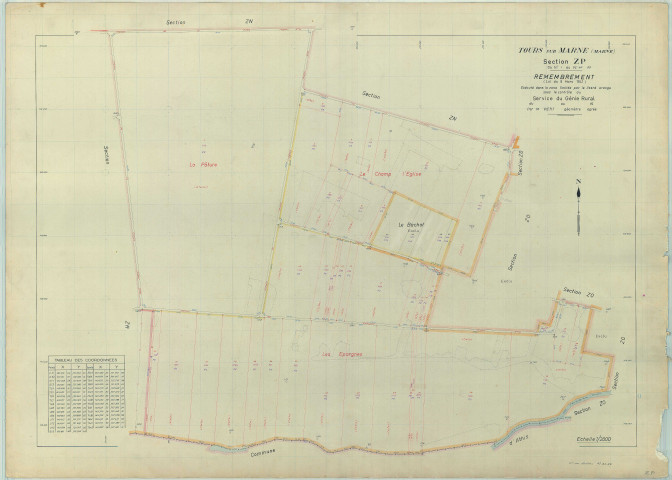 Tours-sur-Marne (51576). Section ZP échelle 1/2000, plan remembré pour 1962, plan régulier (papier armé).