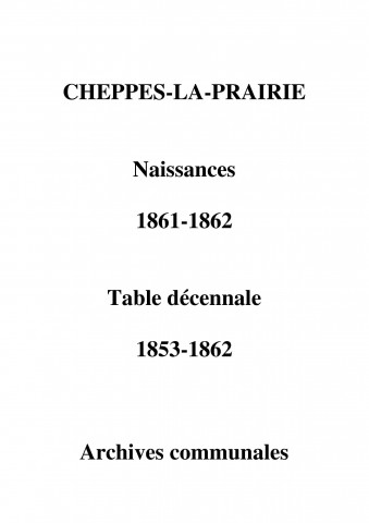 Cheppes. Naissances, mariages, décès et tables décennales des naissances, mariages, décès 1853-1862