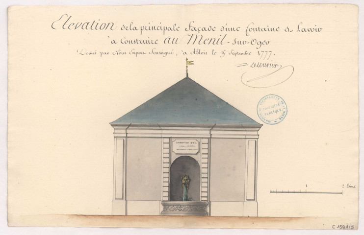Elevation de la principale façade d'une fontaine à lavoir à construire au Mesnil-sur-Oger, 1777.