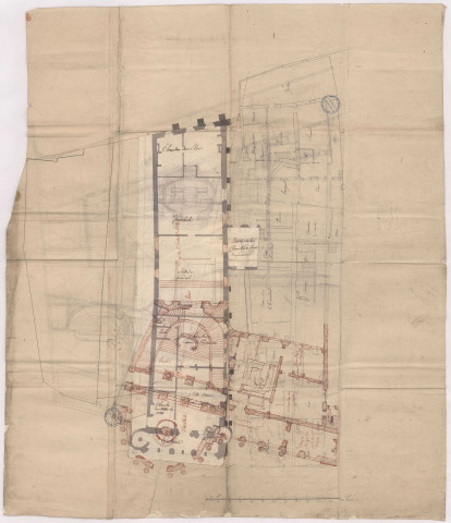 Plan au rez de chaussée de l'ancien hôtel de ville de Chaalons avec le projet d'augmentation à y faire, XVIIIè s.