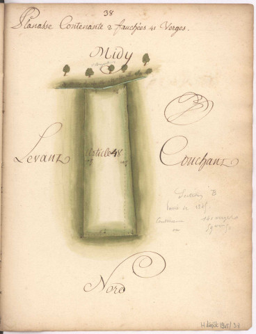 Cayet des plans et figures des prés de l'hotel Dieu de Sainte Manéhould, 1761. Plan n° 38 : Planasse