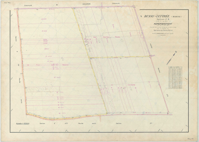 Bussy-Lettrée (51099). Section ZS échelle 1/2000, plan remembré pour 1960, plan régulier (papier armé)