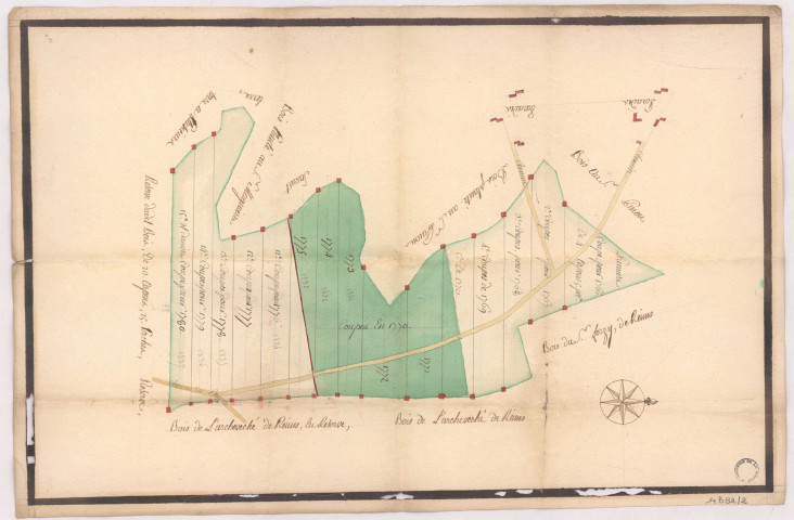 Plan et mesurage d'une pièce de bois usage appartenant par indivis aux habitants et communautés de Belval et cuchery, 1750.