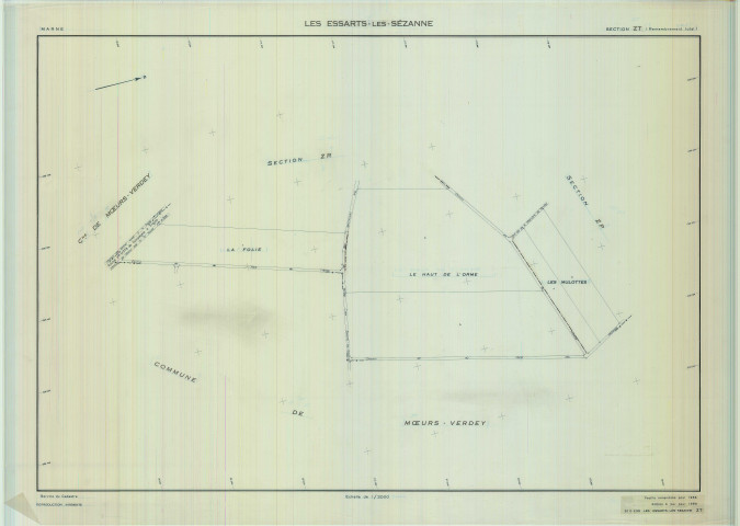 Essarts-lès-Sézanne (Les) (51235). Section ZT échelle 1/2000, plan remembré pour 01/01/1965, régulier avant 20/03/1980 (calque)
