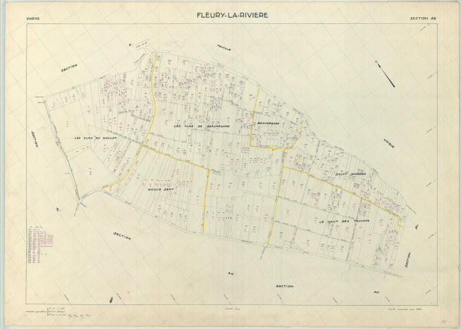 Fleury-la-Rivière (51252). Section AK échelle 1/1000, plan renouvelé pour 01/01/1965, régulier avant 20/03/1980 (papier armé)