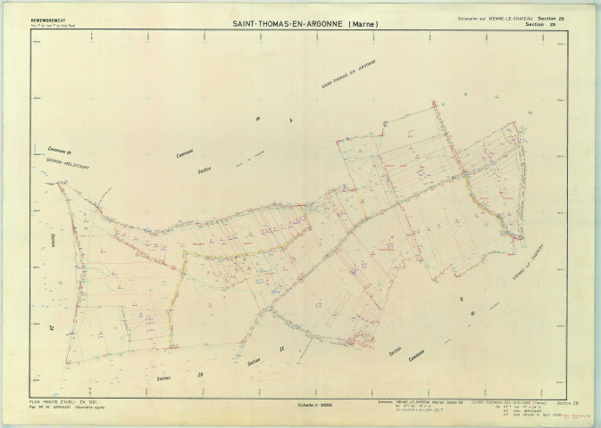 Saint-Thomas-en-Argonne (51519). Section ZB échelle 1/2000, plan remembré pour 1981 (extension sur Vienne-le-Château section ZB), plan régulier (papier armé)
