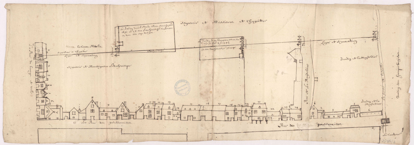 Plan figuratif du quartier compris entre la rue du Bourg-de-Vesle et les fossés de la ville et la rue des Poissonniers, à Reims (XVIIIe s,)