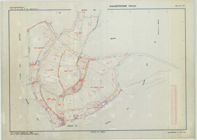 Chaudefontaine (51139). Section ZK échelle 1/2000, plan remembré pour 1983, plan régulier (calque)