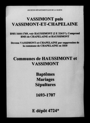 Vassimont. Baptêmes, mariages, sépultures 1693-1707