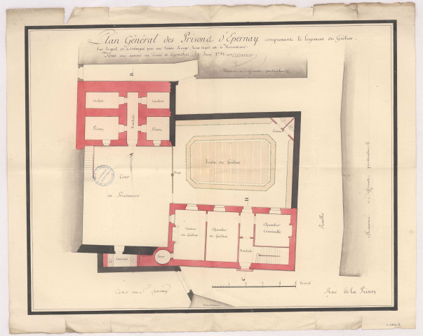 Plan général des prisons d'Epernay comprenant le logement du géolier, 1781.