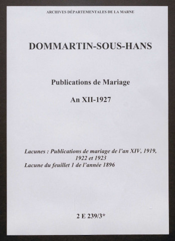 Dommartin-sous-Hans. Publications de mariage an XII-1927
