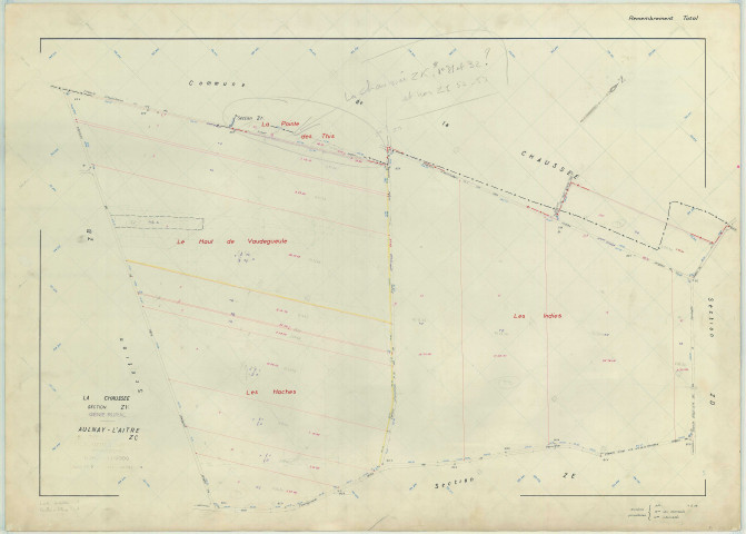 Aulnay-l'Aître (51022). Section ZC échelle 1/2000, plan remembré pour 1959 (extension sur la Chaussée-sur-Marne section ZK), plan régulier (papier armé)