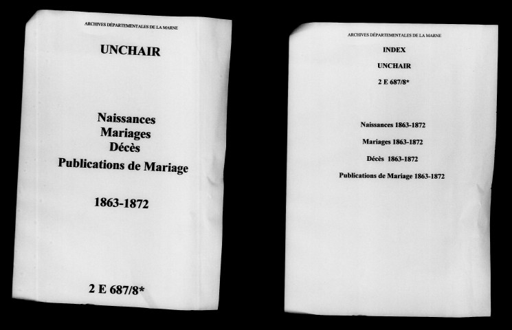 Unchair. Naissances, mariages, décès, publications de mariage 1863-1872