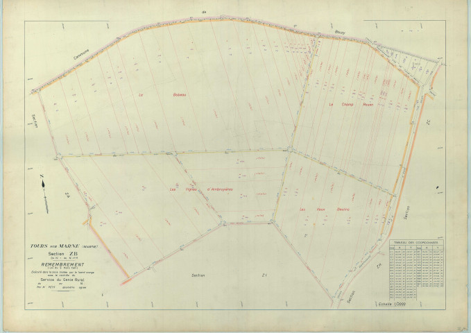 Tours-sur-Marne (51576). Section ZB échelle 1/2000, plan remembré pour 1962, plan régulier (papier armé).