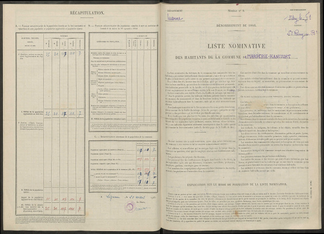 Margerie-Hancourt. Dénombrement de la population 1946
