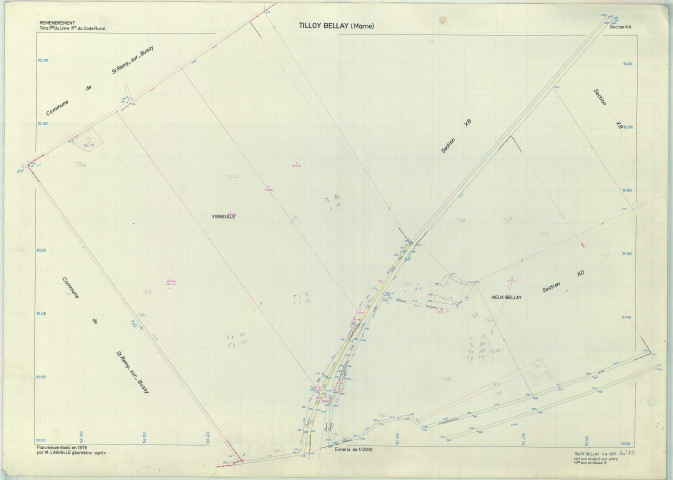 Tilloy-et-Bellay (51572). Section XA échelle 1/2000, plan remembré pour 1976, plan régulier (papier armé)
