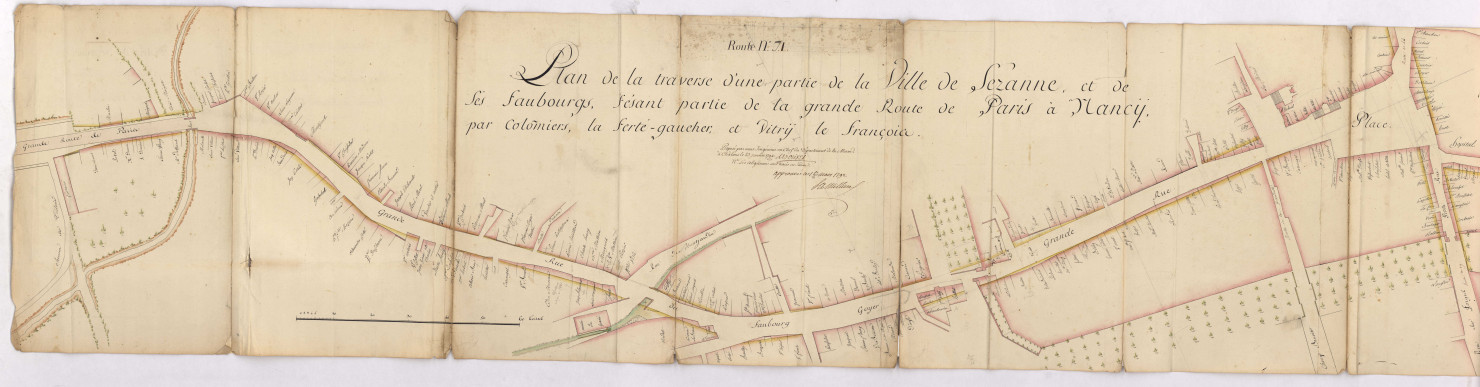 RN 34. Plan d'alignement de la traverse de Sézanne. Grande route de Paris en Lorraine par Vaulevraud, Sézanne et Ferechampenoise, Vitry et Bar-le-Duc, 1792.
