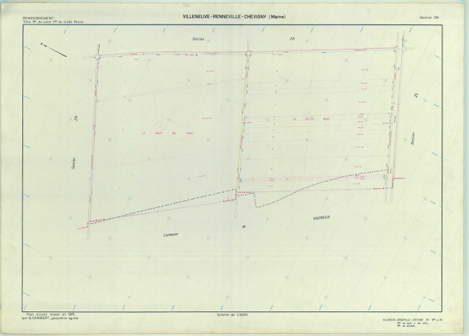 Villeneuve-Renneville-Chevigny (51627). Section ZM 1 échelle 1/2000, plan remembré pour 1970, plan régulier (calque)