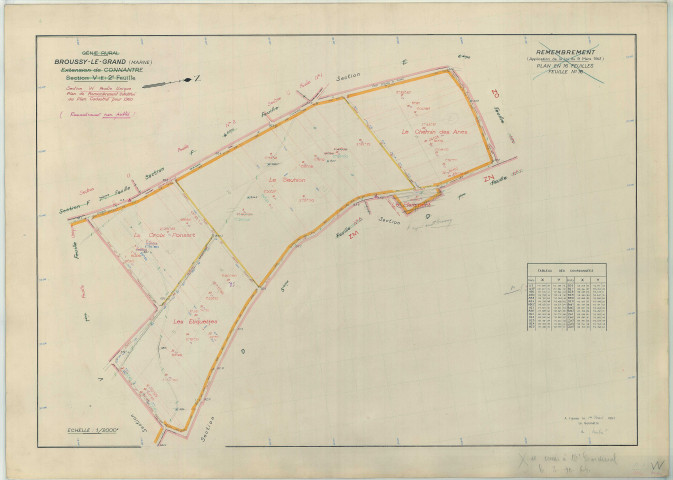 Broussy-le-Grand (51090). Section W échelle 1/2000, plan remembré pour 01/01/1960, régulier avant 20/03/1980 (papier armé)