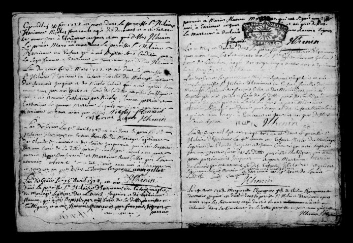 Écriennes. Baptêmes, mariages, sépultures 1722-1733