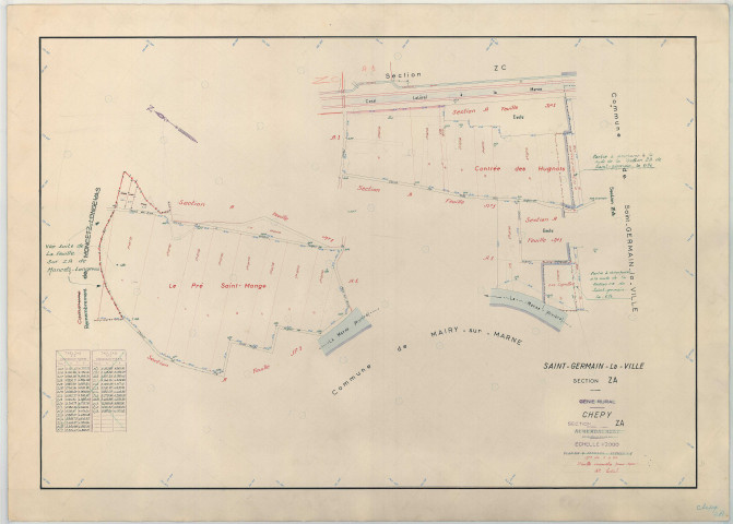 Chepy (51149). Section ZA échelle 1/2000, plan remembré pour 1965 (extension sur Saint-Germain-la-Ville section ZA), plan régulier (papier armé)