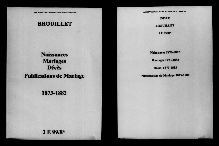 Brouillet. Naissances, mariages, décès, publications de mariage 1873-1882