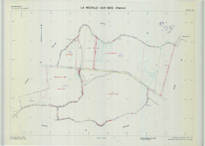 Neuville-aux-Bois (La) (51397). Section YA échelle 1/2000, plan remembré pour 1980 (extension sur Rémicourt section ZB), plan régulier (calque)