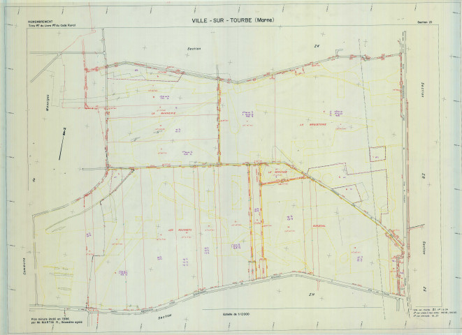 Ville-sur-Tourbe (51640). Section ZI échelle 1/2000, plan remembré pour 1986, plan régulier (calque)