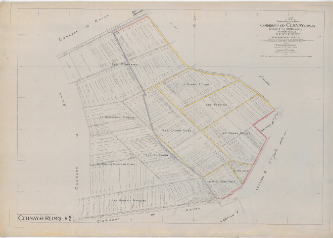 Cernay-lès-Reims (51105). Section V2 échelle 1/2500, plan remembré pour 1923, plan régulier (papier).