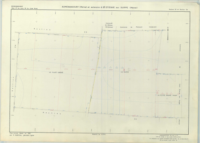 Auménancourt (51025). Section ZE ZA échelle 1/2000, plan remembré pour 1982, contient une extension sur Saint-Étienne-sur-Suippe ZA, plan régulier de qualité P5 (papier armé).