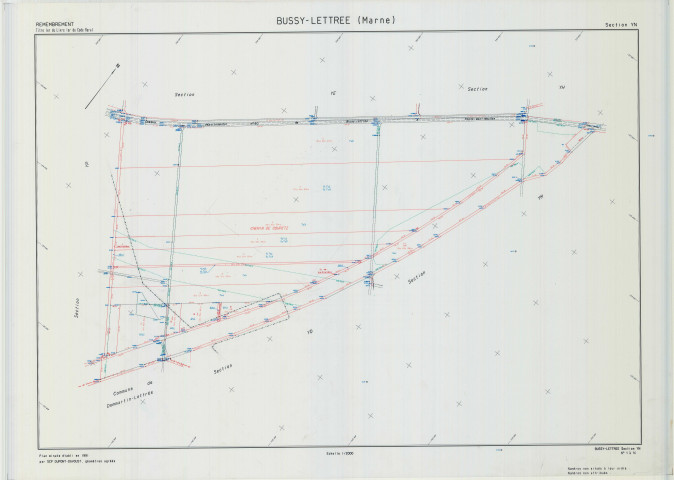 Bussy-Lettrée (51099). Section YN échelle 1/2000, plan remembré pour 1991, plan régulier (calque)