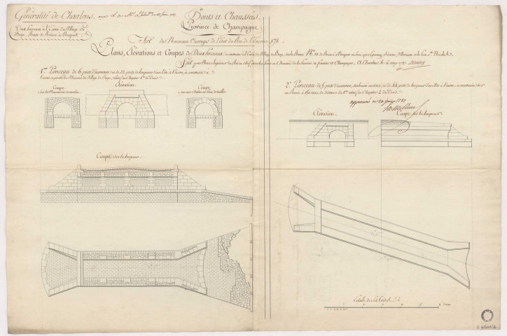 Plans élévations et coupes de deux ponceaux à construire à l'entrée du village de Baye sur la route n° 10, 1787.