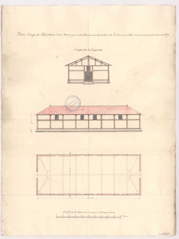 Vitry-le-François. Plan coupe et élévation d'un manège à construire au quartier des Indes entre la rivière de Marne et la ville de Vitry, 1776.