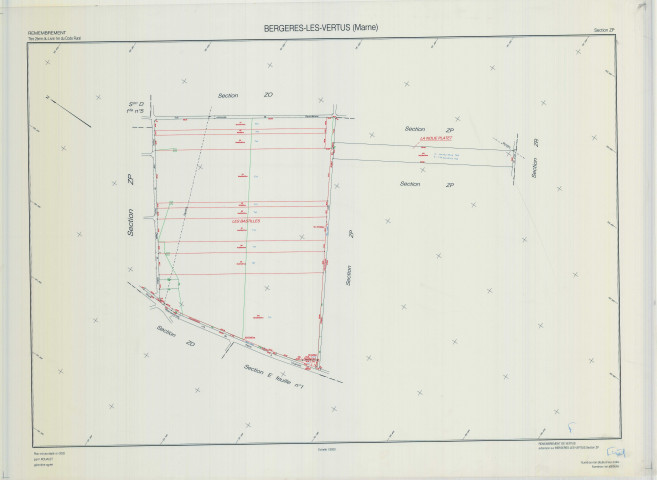 Bergères-lès-Vertus (51049). Section ZP échelle 1/2000, plan remembré pour 2002, plan régulier (calque)
