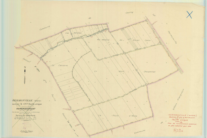Hermonville (51291). Section X échelle 1/2500, plan remembré pour 1953, plan régulier (papier).