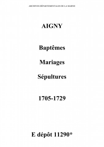 Aigny. Baptêmes, mariages, sépultures 1705-1729