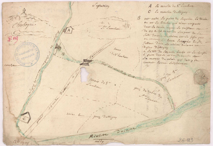 Plan de la rivière qui conduit l'eau au moulin d'Attigny et des lieux voisins (1749)