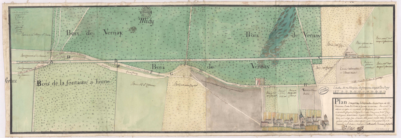 Plan d'une portion de la grande Route Neuve et de l'ancienne Route de Reims à Epernay et environs , mesurages des lieux contentieux concernés : Vernay, Petit-Fleury, Saint-Imoges (1760), Pierre Villain