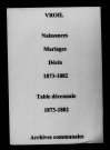 Vroil. Naissances, mariages, décès et tables décennales des naissances, mariages, décès 1873-1882