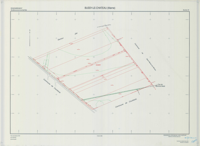 Bussy-le-Château (51097). Section ZX échelle 1/2000, plan remembré pour 2003 (remembrement intercommunal de la plaine champenoise), plan régulier (calque)