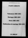 Passy-Grigny. Naissances, mariages, décès, publications de mariage 1883-1892