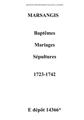 Marsangis. Baptêmes, mariages, sépultures 1723-1742