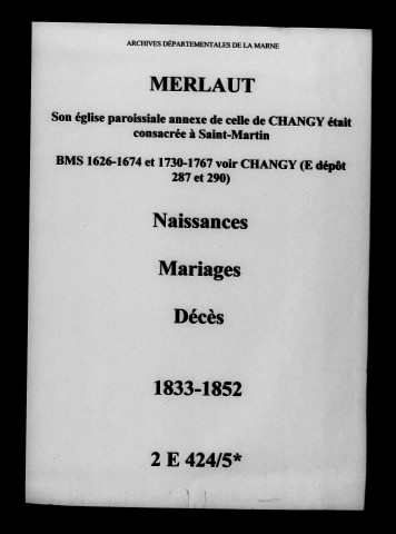 Merlaut. Naissances, mariages, décès 1833-1852