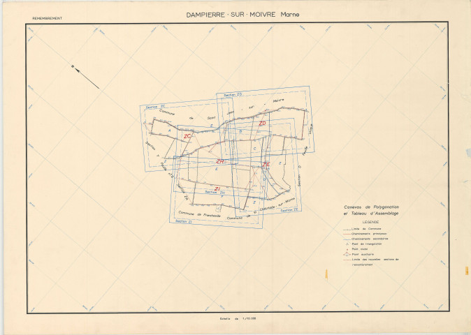 Dampierre-sur-Moivre (51208). Tableau d'assemblage échelle 1/10000, plan remembré pour 1967, plan régulier (papier)