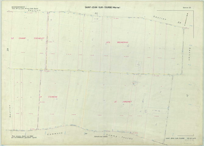 Saint-Jean-sur-Tourbe (51491). Section ZD échelle 1/2000, plan remembré pour 1968, plan régulier (papier armé)